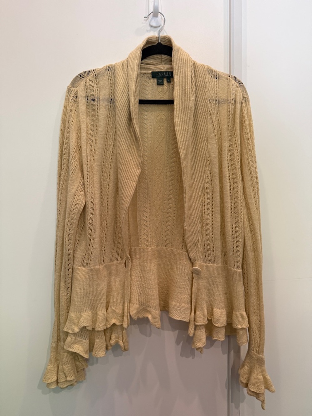 Lauren Ralph Lauren Cream Ruffle Hem Vintage Linen Openwork Cardigan